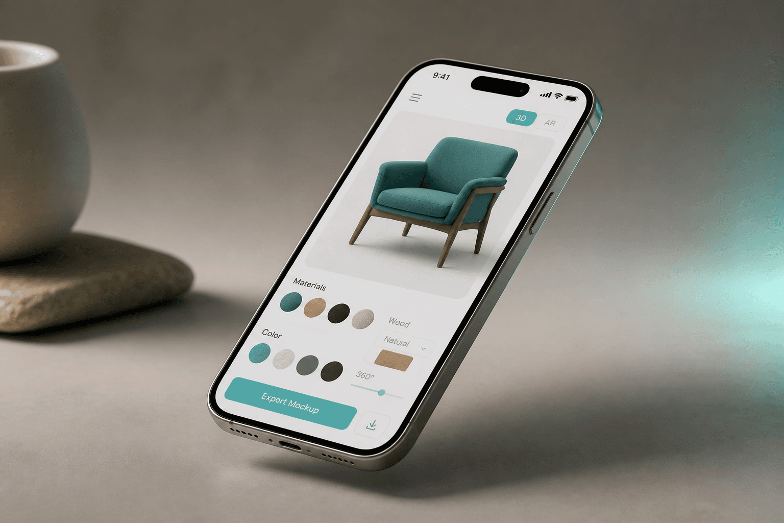 Titanium iPhone mockup rendered in three-quarter view on a studio surface